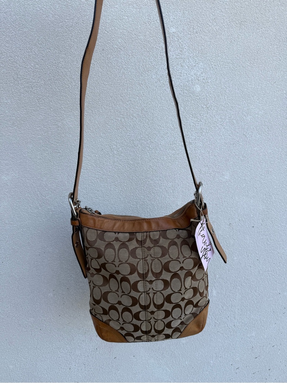 Coach Brown Signature Canvas Shoulder Bag with Tan Leather Trim